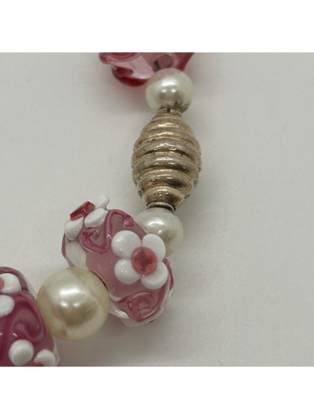 Floral Lampwork Bracelet Glass Bead Bracelet Pink White Pearl Crystal Artisan - Picture 5 of 10